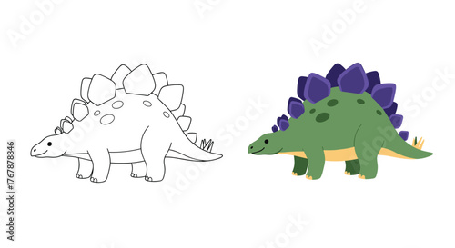 Cute cartoon stegosaurus dinosaur in black and white and color on a white background, concept illustration for children.