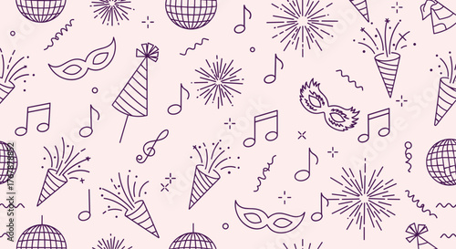 Seamless pattern of party elements like confetti, masks, and music notes in a playful design.