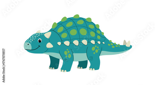 Cartoon ankylosaurus with blue scales, green spots, and white spines is walking on a white background.