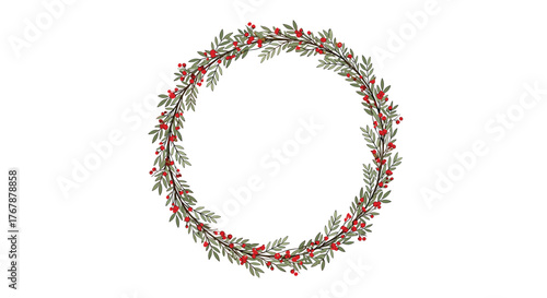 A beautiful hand-drawn style Christmas wreath featuring lush green leaves and vibrant red berries, forming a perfect circle on a clean white background.