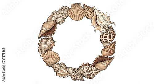 A decorative seashell wreath featuring a variety of seashells in different shapes, sizes, and textures arranged in a circular pattern.