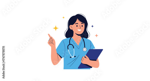 Smiling nurse pointing upwards while holding a clipboard, medical illustration.