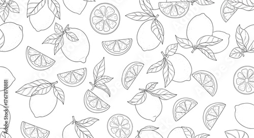 A beautifully detailed hand-drawn seamless pattern featuring outline lemons and lemon slices with leaves, presented in a clean black and white sketch style.