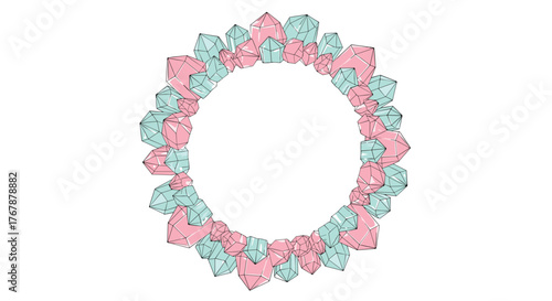 A colorful crystal wreath with alternating pink and turquoise facets is presented against a white background, perfect for design projects.