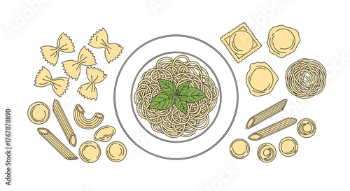 An overhead illustration featuring a central plate of spaghetti with basil, surrounded by a diverse assortment of uncooked Italian pasta varieties.