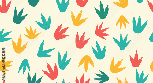 Colorful Dinosaur Footprint Pattern on Beige Background, Featuring Orange, Green, and Blue Dinosaur Tracks for a Playful Design.