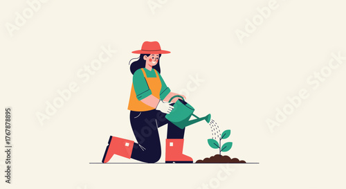 A woman kneels, watering a small plant with a green watering can, symbolizing growth and gardening, on a light background.