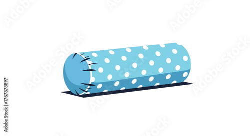 Illustration of a light blue bolster pillow with white polka dots, featuring a simple design and a cast shadow.