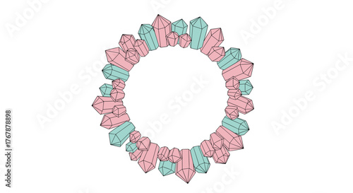 A circle of pink and teal crystals arranged in a decorative border on a white background.