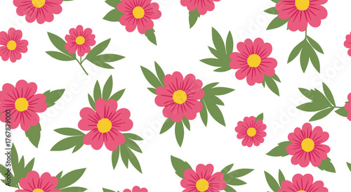 Seamless pattern of pink daisy flowers with green leaves on a white background.