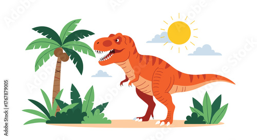 Cartoon Tyrannosaurus Rex in a vibrant prehistoric jungle setting with a towering palm tree, lush green foliage, bright sun, and scattered clouds.