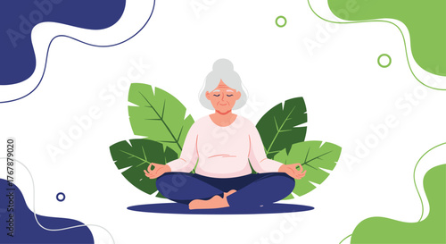 Elderly woman meditating peacefully in a lotus position surrounded by large green leaves.