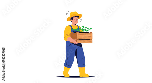 Farmer carrying a wooden crate of young plants looking concerned while walking outdoors.
