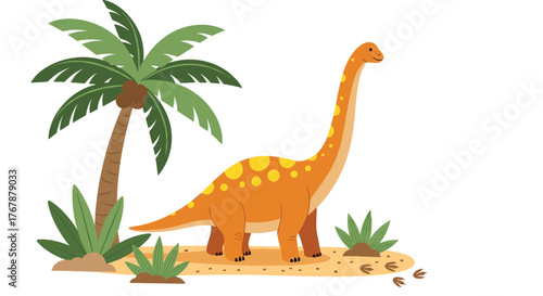 A friendly orange long-necked cartoon dinosaur with yellow spots stands on sandy ground with a palm tree, bushes, and footprints.