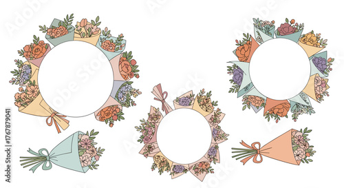 Floral bouquets in pastel colors arranged in circles with space for text, and individual bouquet illustrations on white background.