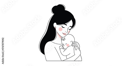 A loving mother gently cradles her sleeping baby, depicting the tender bond and warmth of maternity in a beautiful minimalist illustration.