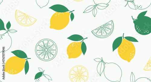 Seamless pattern of stylized lemons and leaves in yellow and green on a light background.