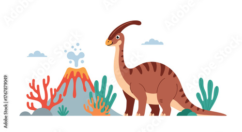 A colorful illustration of a Parasaurolophus dinosaur in a prehistoric landscape with a volcano and various plants.