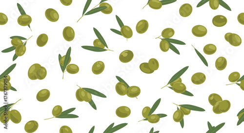 Seamless pattern of fresh green olives and olive branches scattered on a white background, perfect for food packaging or healthy themes.