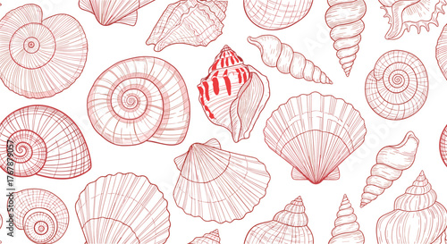 Seamless pattern of various red-lined seashell illustrations on a white background.