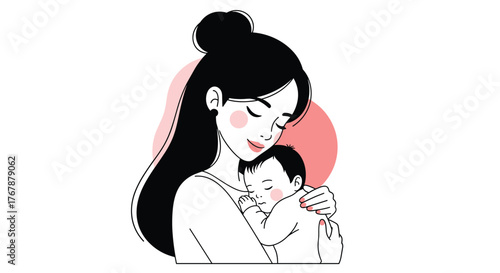 A mother gently cradles her sleeping baby, a tender illustration of maternal love and care, surrounded by a soft pink hue.