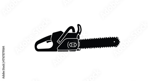 A black-and-white silhouette of a chainsaw depicts a powerful tool often used for cutting trees and other wooden materials.
