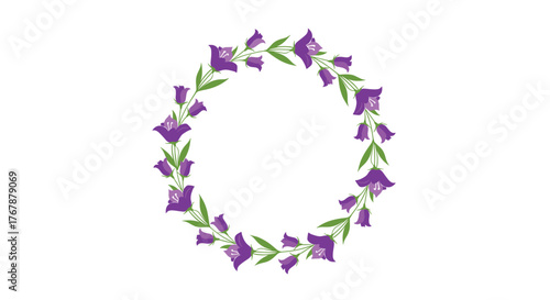 Floral wreath illustration featuring purple bellflowers and green leaves arranged in a circular design against a white background.