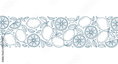 Line art drawing of lemon fruits and leaves seamless border pattern. Vector illustration of citrus fruit background for decoration.