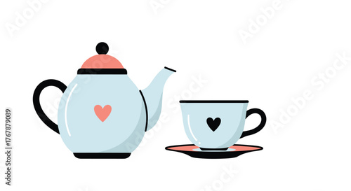 An illustration of a light blue teapot and teacup with pink heart accents, perfect for a cozy afternoon tea scene.