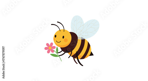 Cute cartoon bee flying with a small pink flower in its legs.