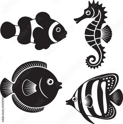 Black silhouette marine life seahorse clownfish angelfish on white vector