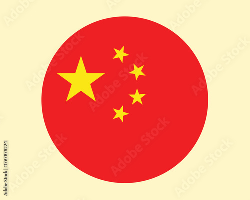 Circular design of the Chinese flag featuring a red background with five yellow stars, representing China’s national pride and unity.