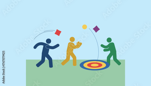 Guests participating in a friendly lawn game of with colorful beanbags flying through the air towards the target.