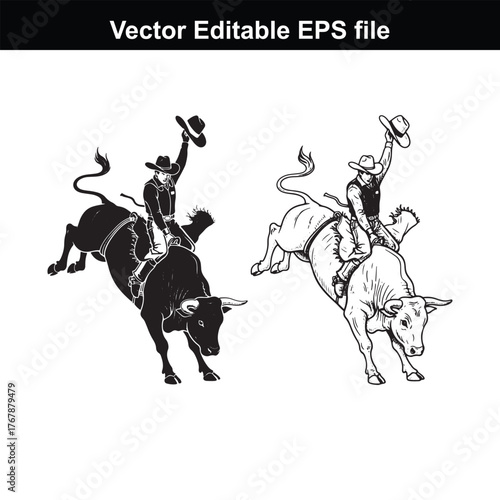 Black and white illustration of cowboys riding bulls in a rodeo