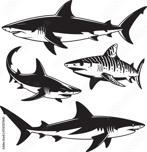 Five Black Silhouette Sharks Various Poses White Background animal