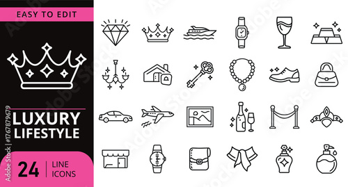 Collection of luxury lifestyle icons and symbols on a white background