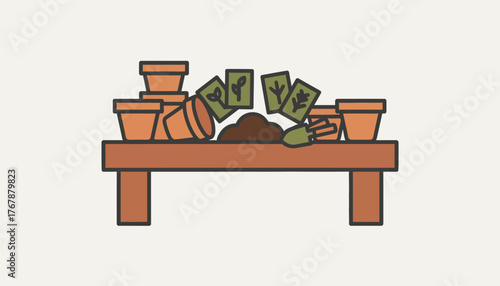 A rustic wooden potting bench cluttered with terracotta pots soil and a variety of seed packets evoking a sense of readiness for planting.