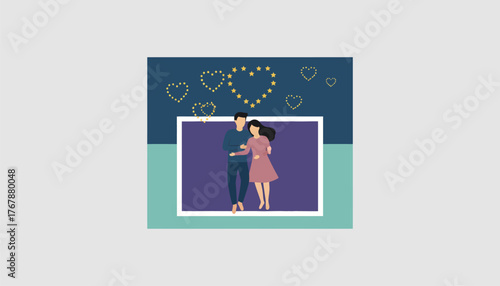 A tranquil moment where a couple enjoys stargazing while lying on a blanket with ling stars forming hearts.