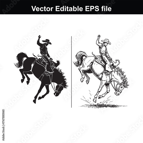 Silhouette and sketch of a cowboy riding a bucking horse