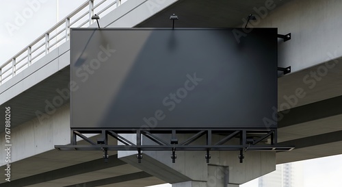 Blank black urban billboard mockup suspended under concrete highway bridge overpass structure.