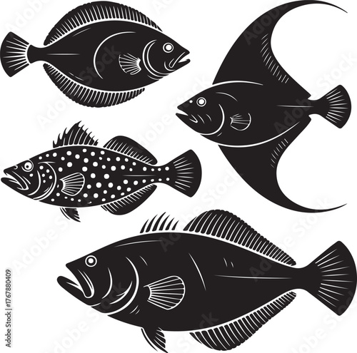 Four Black Silhouette Fish Illustrations on White Background vector