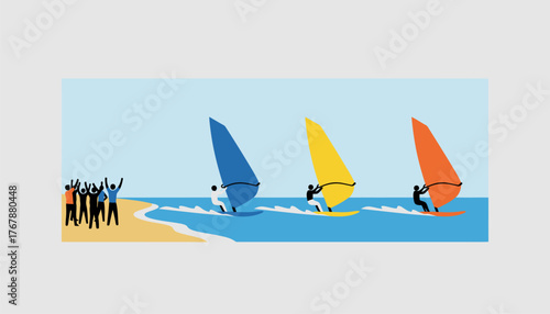 Wind surfers racing across the water their colorful sails catching the breeze while spectators cheer from the beach.
