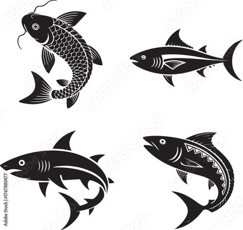 Four Black Silhouette Fish Including Koi Shark Tuna and Salmon black and white carp