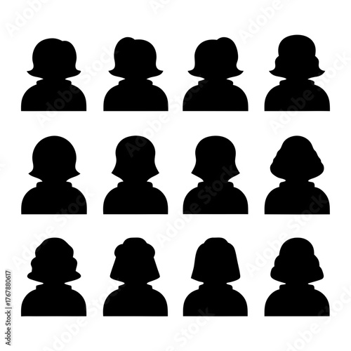 Collection of twelve unique silhouettes illustrating different women's hairstyles