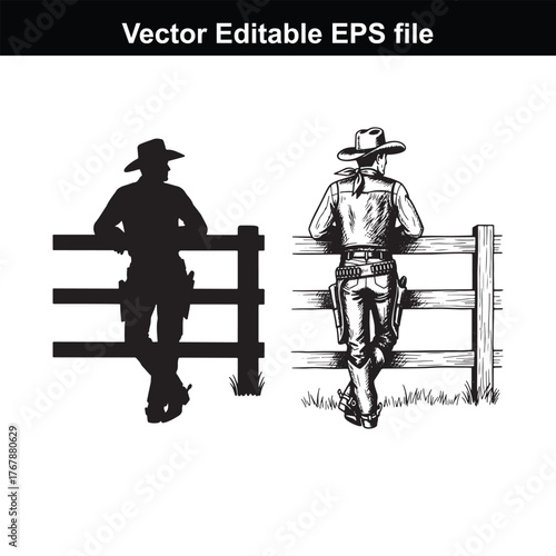 Two cowboys leaning on a wooden fence, one in silhouette and the other in detailed illustration