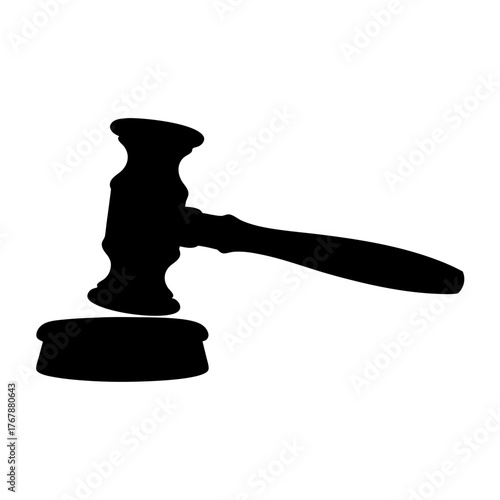 Black and white silhouette of a gavel and sound block on white