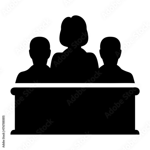 Silhouette of a three person jury or panel behind a table