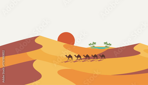 A vast desert landscape with undulating sand dunes glowing under the sunset dotted with camels and a distant oasis shimmering in the heat.