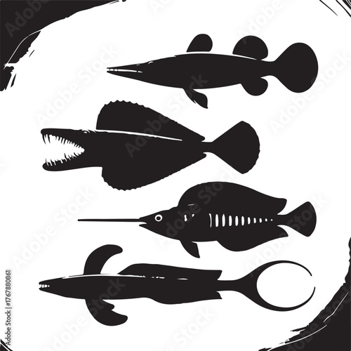Four black silhouette fish with sharp teeth and swordfish white ocean