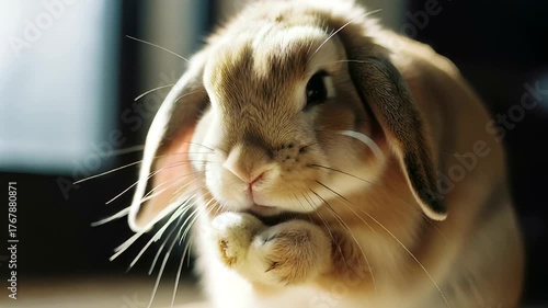 Cute rabbit sitting indoors, paws clasped, sunlight streaming through window